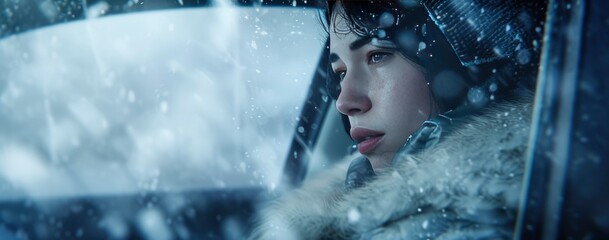 Close-up of a Futuristic Car Female Driver in the Midst of a Snowstorm with Thick Fog Clouds, Falling Snow, and Ice on the Ground.