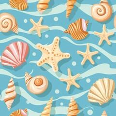 Obraz na płótnie Canvas Seamless Pattern With Seashells And Starfishes