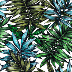 Seamless floral pattern of tropical leaves. Botanical wallpaper illustration in Hawaiian style	