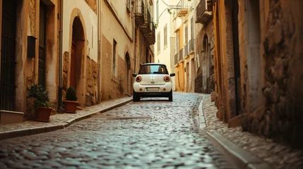 Fotobehang A compact city car navigating through narrow historic streets in Europe. © Lans