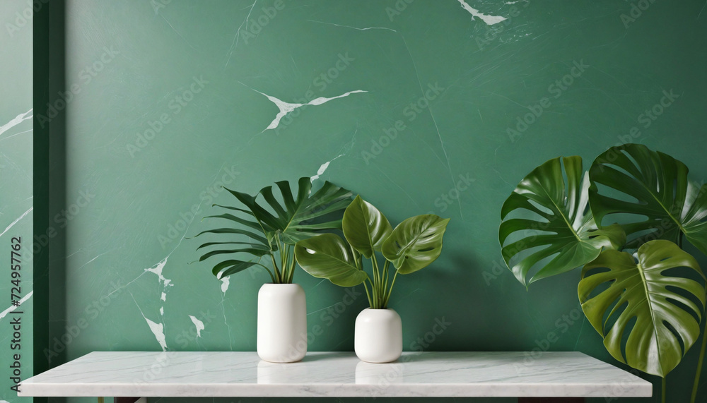 Wall mural white marble stone counter table, tropical monstera plant in sunlight on green wall background for fresh organic cosmetic, luxury skin care, beauty product presentation