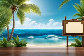 Tropical natural ocean landscape with plaque for backgrounds, amazing tropic scenery. Fantastic on sea for vacation style design. Concept of summer vacation and travel holiday. Copy ad text space