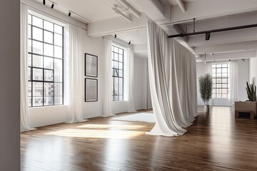 A white loft interior room with a brown hardwood floor, windows, and drapes has a blank frame in the center. a mockup