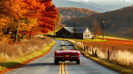 A convertible driving along a picturesque country road in autumn. - obrazy, fototapety, plakaty
