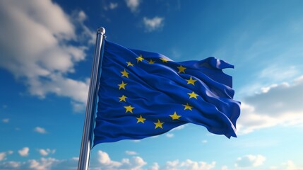 EU flag waving in the wind, copy space, 16:9 - obrazy, fototapety, plakaty