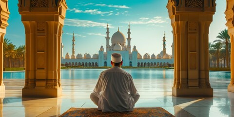 Muslim imam looking at beautiful mosque - obrazy, fototapety, plakaty