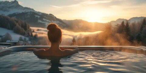 young woman relaxing in hot tub - obrazy, fototapety, plakaty