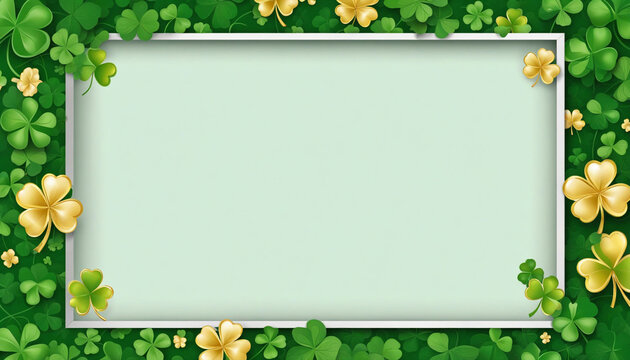 Saint Patrick's Day Green Background with Multiple 4-Leaf Clovers Of Green Or Gold Colors. With A White Frame With Blank Space. Saint Patrick Template Background