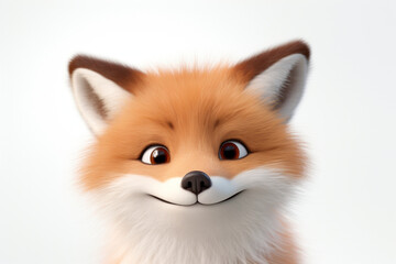 Adorable 3D cartoon red fox close-up portrait on a white background.