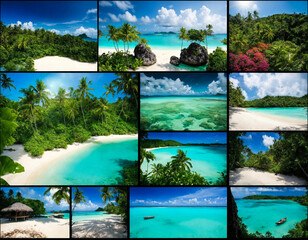 Collage of tropical landscape image with SUMMER VACATION, amazing tropic scenery. Set of tropic collection photo for banner or poster. Concept of summer vacation, travel holiday. Copy text space