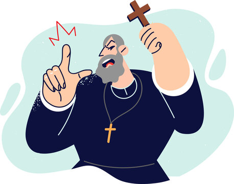 Angry man priest calls for anathema and renunciation of church, pointing finger at screen and waving wooden crucifix. Christian shepherd wishes anathema or talks about approaching day of judgment