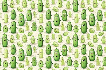 Seamless pattern of cute, anthropomorphic pickles with various expressions on a light background