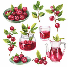 Set of watercolor lingonberries on a white background.