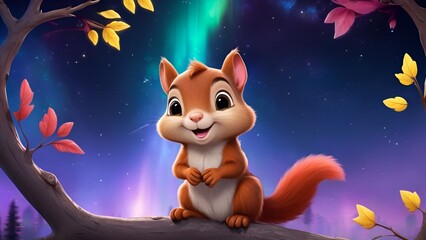 Obraz na płótnie Canvas Starry Night Whispers, Cute Cartoon Squirrel Under Night Sky with northern lights, Cute baby squirrel, baby animals, Beautiful colourful nature and the sky
