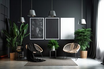 For the presentation of a poster, an interior space with a simple metallic silver background and a black background with four photo frames on the wall, a lone chair, and plants