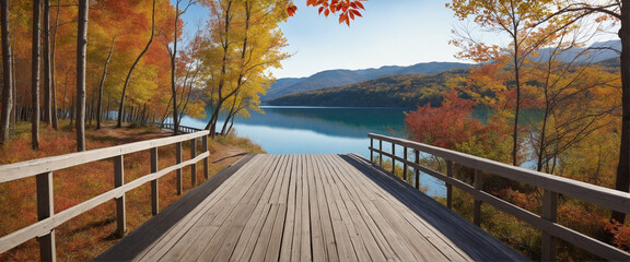 Bright autumn trees along boardwalk near a lake in late autumn  - Powered by Adobe