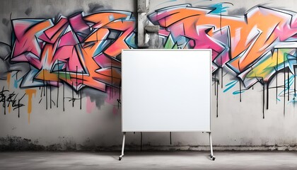 blank whiteboard sign with a graffitied wall in background