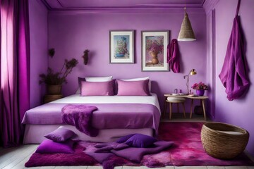 Bedroom in Mykonos, all front wall purple with a canvas in the middle, pink decoration