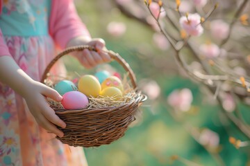 Cropped image of a child in a spring garden with flowering trees holds a basket of Easter eggs. Egg hunting - obrazy, fototapety, plakaty