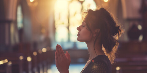 Young Woman Praying to god in church - obrazy, fototapety, plakaty