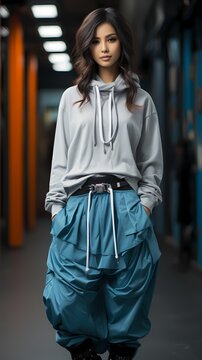 Urban sophistication with a Japanese girl in trendy streetwear, posing against a backdrop of sleek steel blue, the HD camera preserving the sleek and modern allure of her outfit