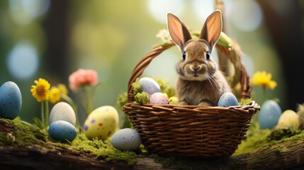 Abstract Defocused Easter Scene - Ears Bunny Behind Grass And Decorated Eggs In Flowery Field