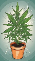 Obraz premium Cannabis plant growing out of pot. Drawing style colorful illustration