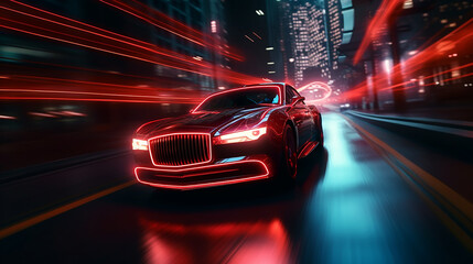 Futuristic Thrills Cinematic Shot of a Supercar in a Cyber City, Speeding Through Cyber Space