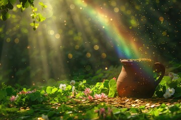 St. Patrick's Day. The symbols of the holiday are a pot with Rainbow - obrazy, fototapety, plakaty
