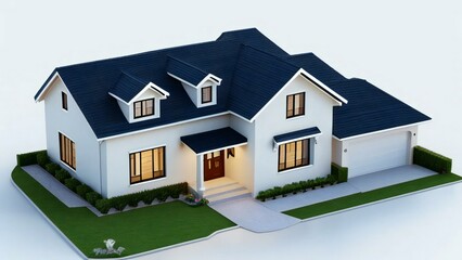 3d house model rendering on white background, Clean and precise 3D illustration modern cozy house. Concept for real estate or property.