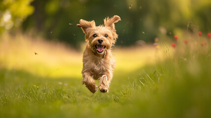 A dog joyfully running through a field with its tail wagging. - obrazy, fototapety, plakaty