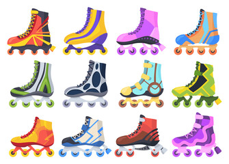 Rollerskates. Cartoon roller skates, retro footwear on wheels, kid sport shoes. Inline skates  icons. Summer sport equipment