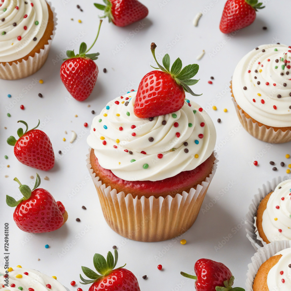 Wall mural cupcake with strawberry and toppings on white background