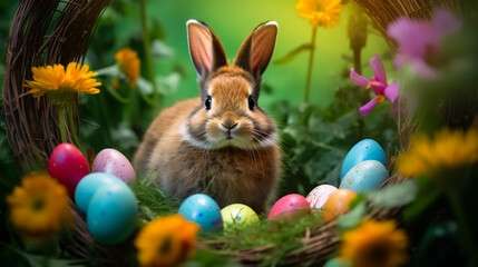 Easter Elegance: Whimsical Bunny Nestled in a Bouquet, Surrounded by Colorful Eggs—Nature's Canvas of Springtime Delight