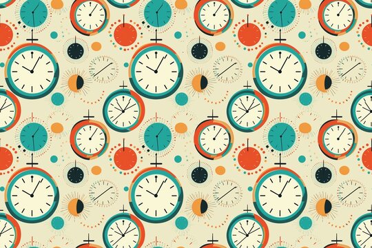 Vintage-style pattern with colorful clocks on a beige background