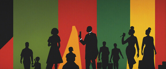 Black History Month color background. African Americans history celebration. Abstract geometric red, yellow, green color background with black paper cut people silhouette. Top view