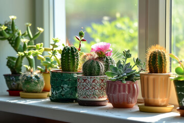 Cactus and succulents in pots on the windowsill. Generative AI