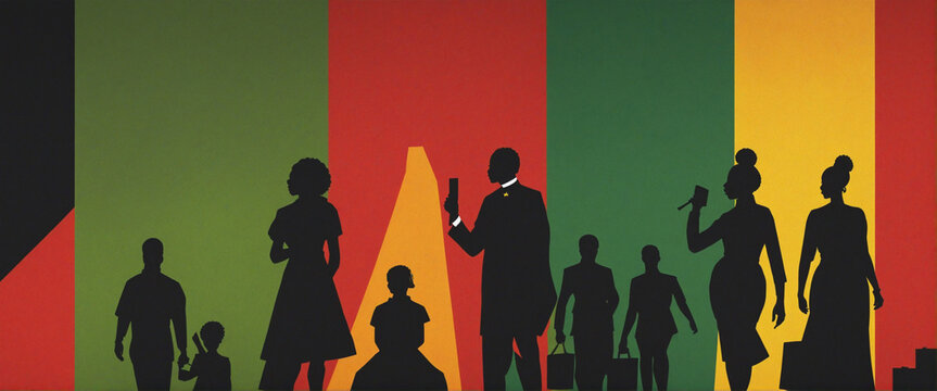 Black History Month color background. African Americans history celebration. Abstract geometric red, yellow, green color background with black paper cut people silhouette. Top view