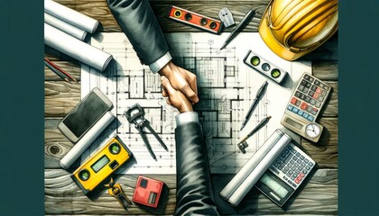 Two professionals shaking hands over a work desk with construction tools.