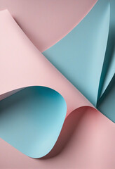 Abstract wave of pastel pink and light blue paper. Creative geometric curved paper with light and shadows. Abstract geometry background with copy space