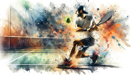 A dynamic tennis player in action, with a vivid, watercolor background splashing vibrant colors, capturing movement and energy.Sports concept. AI generated.	

