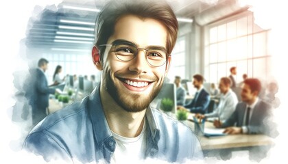 The image is a stylized watercolor portrait of a smiling young man with glasses in an office setting.