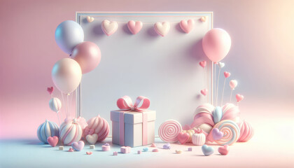 A romantic Valentine's Day setup featuring a gift box with a bow, surrounded by floating heart balloons and assorted candies on a pink background.
