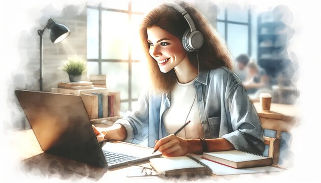 The image is a watercolor painting of a smiling young woman using a laptop and wearing headphones.