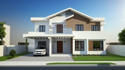 3d house model rendering on white background, Clean and precise 3D illustration modern cozy house. Concept for real estate or property.