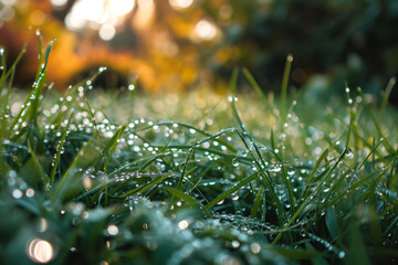 Closeup of water droplets on a green grass. Generative AI