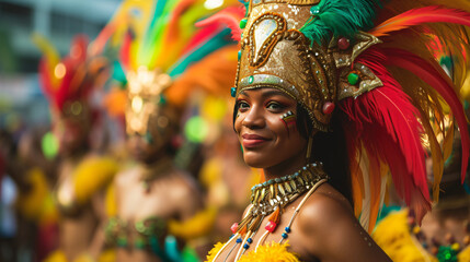 A festive Brazilian Carnival parade with dazzling costumes and samba dancers in Rio de Janeiro.