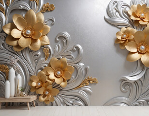 3D ceiling interior wallpaper with luxury golden beautiful flowers, swan, silver abstract background for wall