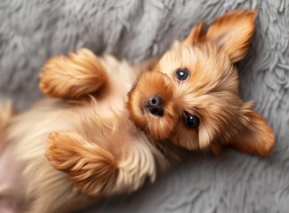 A cute Yorkshire Terrier puppy lying on its back and looking at the camera with big black eyes and fluffy brown fur.