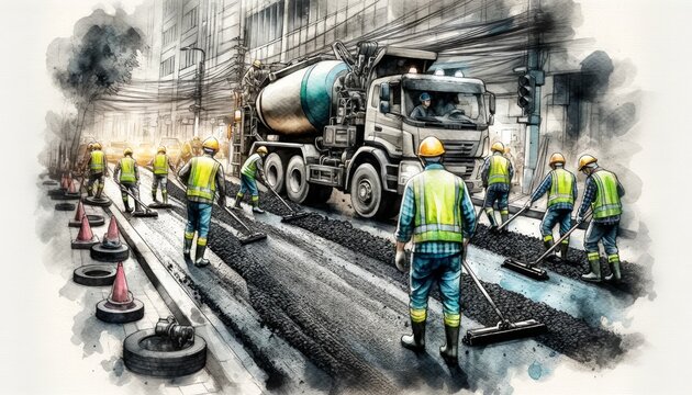 The image portrays road construction workers in high-visibility clothing at work.